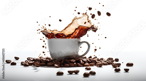 A splash of coffee in a cup. Drops and splashes of coffee on a white background. photo