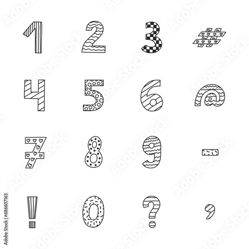 Funky doodle number set with memphis decoration and hand drawn outline. Chunky bold symbols of question, comma, dash. Funny black and white numbers and punctuation marks for design, poster, post card