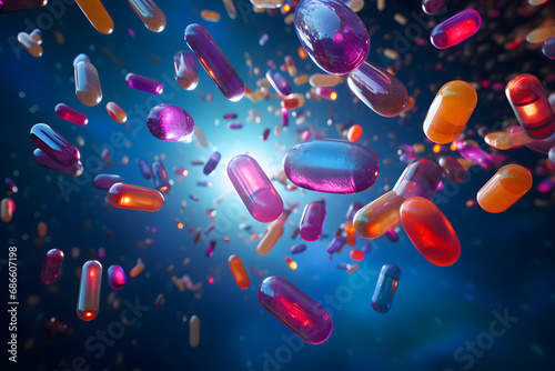 Medication magic colorful pills and capsules float through the air