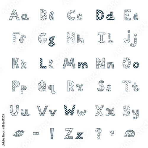 Black and white funky alphabet set with hand drawn outline and memphis. Latin ABC with uppercase and lowercase letters, punctuation mark. Patterned bold doodle font with comma, exclamation, hashtag.