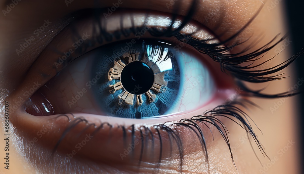 Fototapeta premium Cutting edge futuristic technology close up eye with digital focus and electronic vision