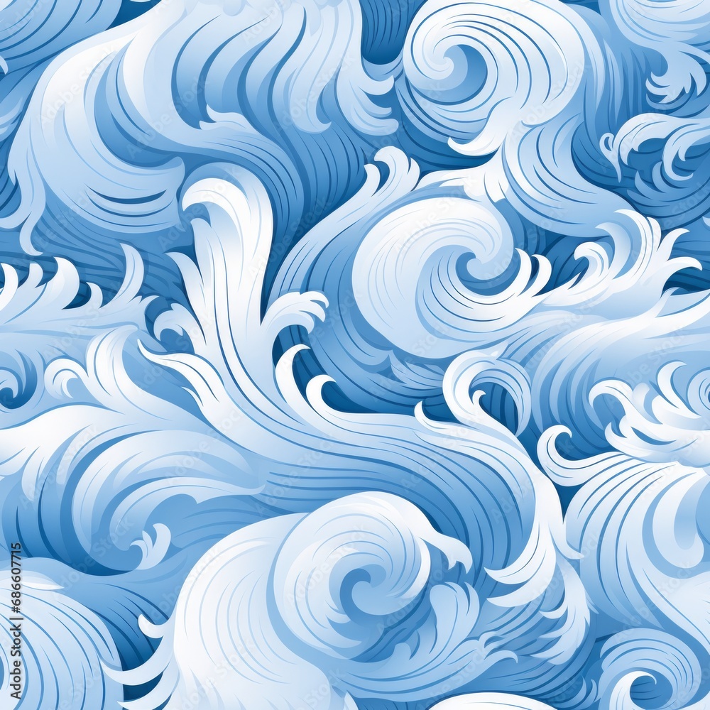 Seamless pattern with hand drawn waves and curls on solid white and light blue backgrounds Seamless pattern with hand drawn waves and curls on solid white and light blue backgrounds