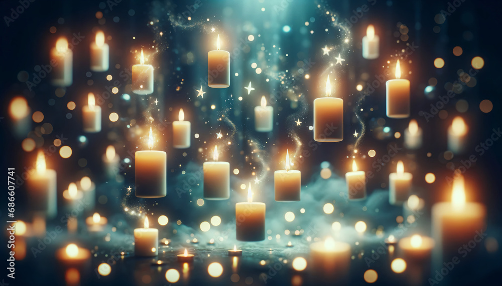 Floating flaming magic aroma candles at night on blurred dark blue background with bokeh. Spiritual backdrop for astrology divination. Abstract festive banner. Christmas eve candles with snow Floating flaming magic aroma candles at night on blurred dark blue background with bokeh. Spiritual backdrop for astrology divination. Abstract festive banner. Christmas eve candles with snow