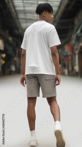 a medium shot of Indonesain male back angle wearing white running short sleeve and short pants running, on the street, background, looking up over the shoulder expression, ai generative photo