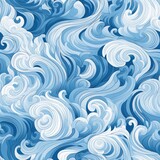 Hand drawn waves and curls seamless pattern on white and light blue backgrounds for design and decor