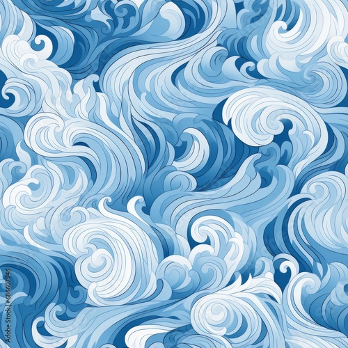 Hand drawn waves and curls seamless pattern on white and light blue backgrounds for design and decor