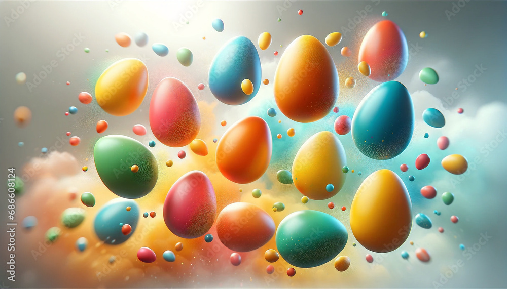 Background with colorful Easter Eggs floating in the air in motion. Vibrant Easter design. Motion blur, abstract Background with colorful Easter Eggs floating in the air in motion. Vibrant Easter design. Motion blur, abstract