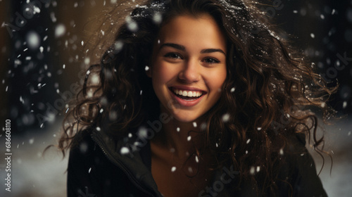 Beautiful young woman with curly hair on the background of the night winter city.