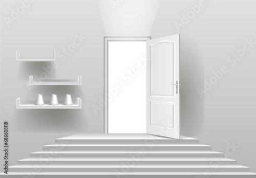 Fototapeta Naklejka Na Ścianę i Meble -  A 3D model of a staircase and an open door.
Vector illustration, monochrome.