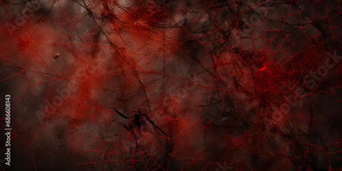 Scary Grunge Background With Dark Smoke Wall with black spiders, Dark horror background in black and red tones with sepia goth crack and grey mist, smoke or fog, generative AI photo
