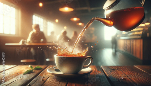 photo of cup of tea on table with tea pouring from teapot. Splashes, dynamic, motion. Blurry cafe background, soft light