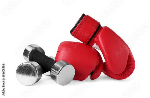 Dumbbells and boxing gloves isolated on white. Sports equipment © New Africa