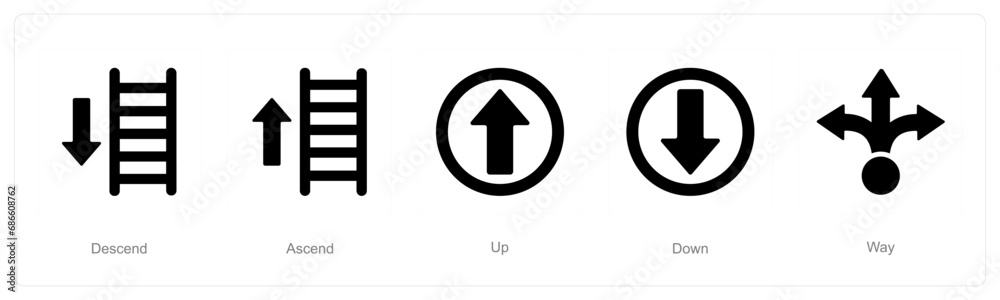 A set of 5 Direction icons as descend, ascend, up
