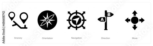 A set of 5 Direction icons as itinerary, orientation, navigation