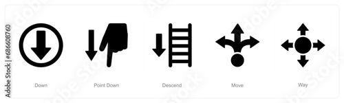 A set of 5 Direction icons as down, point down, descend