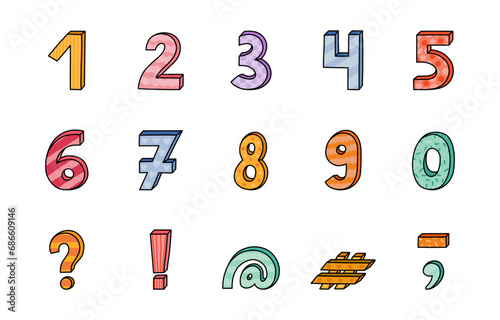 Doodle funky 3d number set with memphis decoration and hand drawn outline. Chunky bold symbols with shadow. Funny numbers and punctuation marks for book cover, logotype, poster, banner, greeting card.
