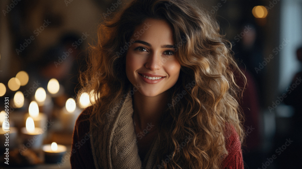 Portrait of a beautiful young woman with long curly hair in a cozy interior.