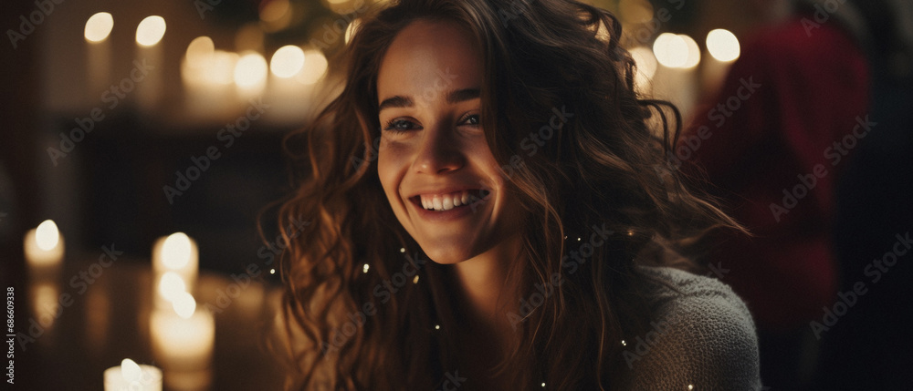 Beautiful young woman in christmas lights looking at camera and smiling.
