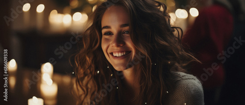 Beautiful young woman in christmas lights looking at camera and smiling.