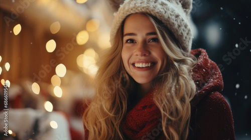 Portrait of a beautiful young woman in a hat and scarf on the background of Christmas decorations. © Synthetica