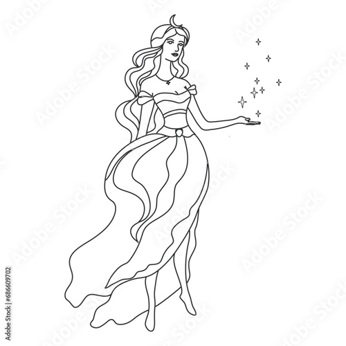 Magical woman in a long dress with the moon on her head and stars, line art