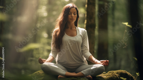 Woman sitting in the lotus position outdoors in nature, meditation and yoga concept