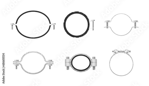 Pipe clamps steel hose band circle equipment for metallic tube set realistic vector illustration photo