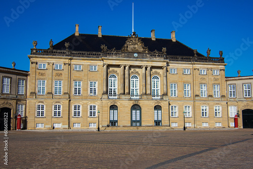 Amalienborg castle is the official residence for the Danish royal family, and is located in Copenhagen, Denmark. It consists of four identical classical palace facades with rococo interiors 