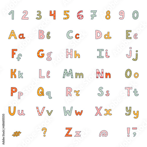 Big funky doodle alphabet set with hand drawn outline and memphis. Patterned bold font. Funny latin ABC with uppercase letters, punctuation marks and number set for design and decoration