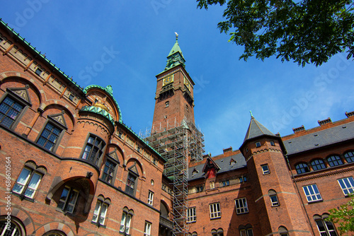 Clock tower of the Copenhagen town hall in central Copenhagen, Denmark. City hall was designed in the National Romantic style but with inspiration from Siena City Hall