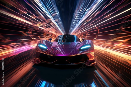 Holographic Car Racing in Digital Landscape, hologram, race, virtual, track © asura