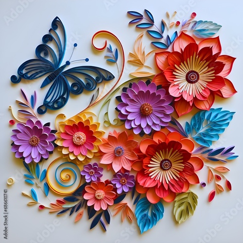 Vibrant paper butterfly and flower design on white background, Generative AI