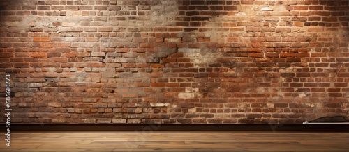 Interior space featuring brick wall and wooden flooring