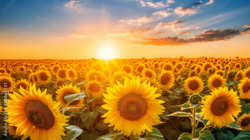 Golden sunrise over a blooming sunflower field, radiating warmth and vitality.