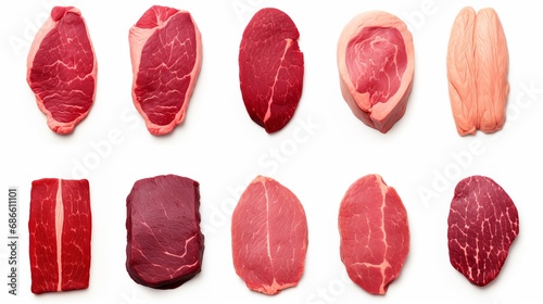 Assorted raw steaks set, top viewFresh meat cuts collection isolated on white background. photo