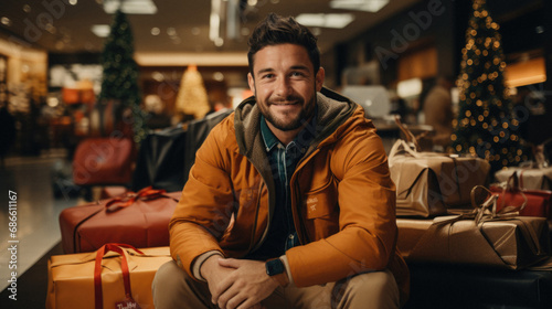 Portrait of handsome man sitting in shopping mall and looking at camera.