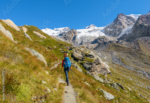 Monte Rosa (Italy) - A mountains view in Val d'Ayas with Monte Rosa mount peak of Alps, alpinistic paths to Rifugio Mezzalama e Guide di Ayas, with Blu lake  Valle d'Aosta region. © ValerioMei