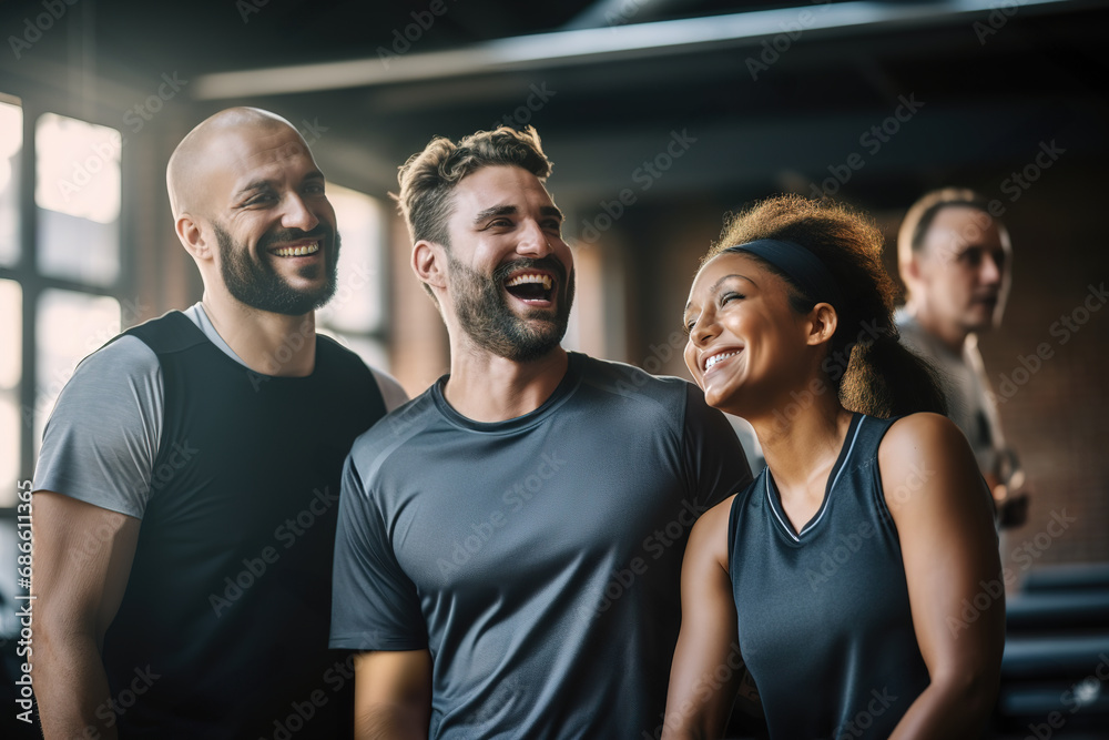 Smiling group of sporty friends in sportswear laughing while standing together at gym.