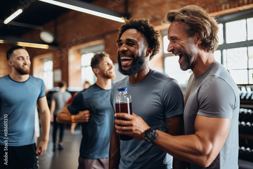Mature sporty diverse guys laughing together after training in the gym. Cheerful middle aged caucasian man holding protein shake bottle and talking with his African friend in health club hall.