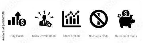 A set of 5 Employee Benefits icons as pay raise, skills developmen, stock option