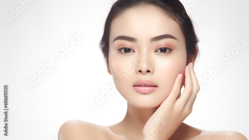 Beautiful young asian woman with clean perfect skin. Portrait of beauty model with natural makeup and touching her face.