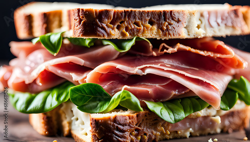 Tasty cured meats, italian prosciutto sandwich - set composition of food photography.