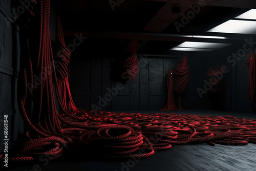 red rope tied in wall and ceiling of a black room, tensioned ropes, photo realistic ai generative photo