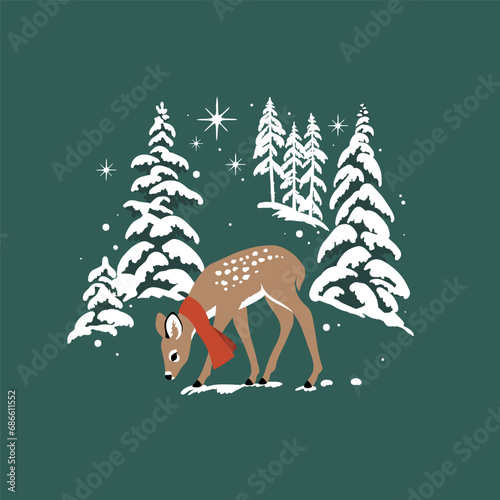Cute hand drawn vector fawn in snowy winter woodland. Perfect for tee shirt logo, greeting card, poster, invitation or print design. 