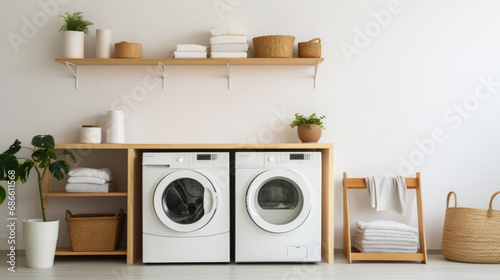 Interior of modern home laundry room with washing machine. Light tones. Generative AI