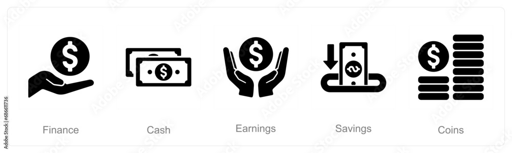A set of 5 Finance icons as finance, cash, earning