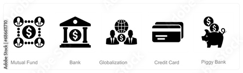 A set of 5 Finance icons as mutual funds, bank, globalization