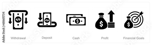 A set of 5 Finance icons as withdrawal, deposit, cash
