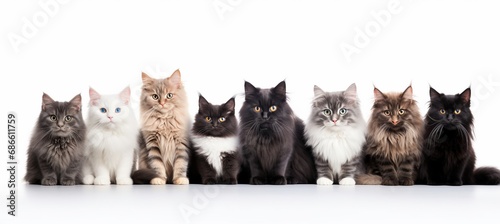 Diverse group of various cat breeds, including both big and small cats, isolated on white background