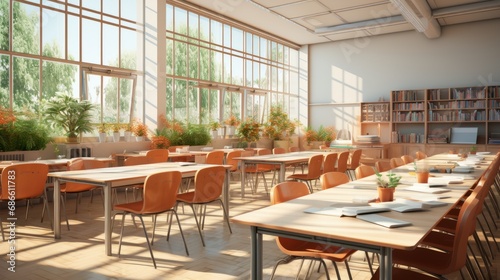 Interior of clean bright classroom in modern school or college. Spacious room with white walls, many comfortable desks, chairs, visual aids, bookshelves, indoor plants, large windows. Empty classroom.